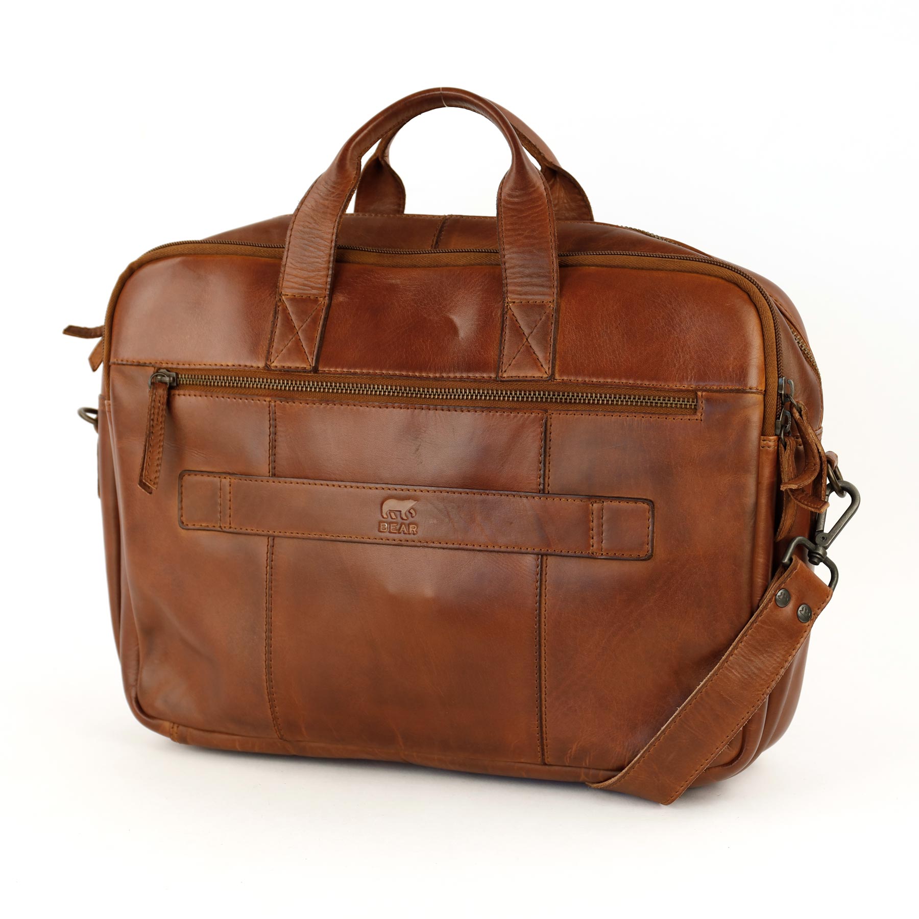 Laptop bag 15.6" with double zipper 'Jamie' cognac