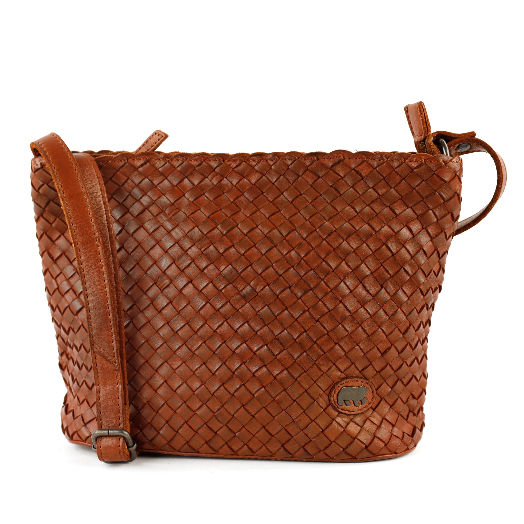 Gevlochten schoudertasje 'Joan' cognac