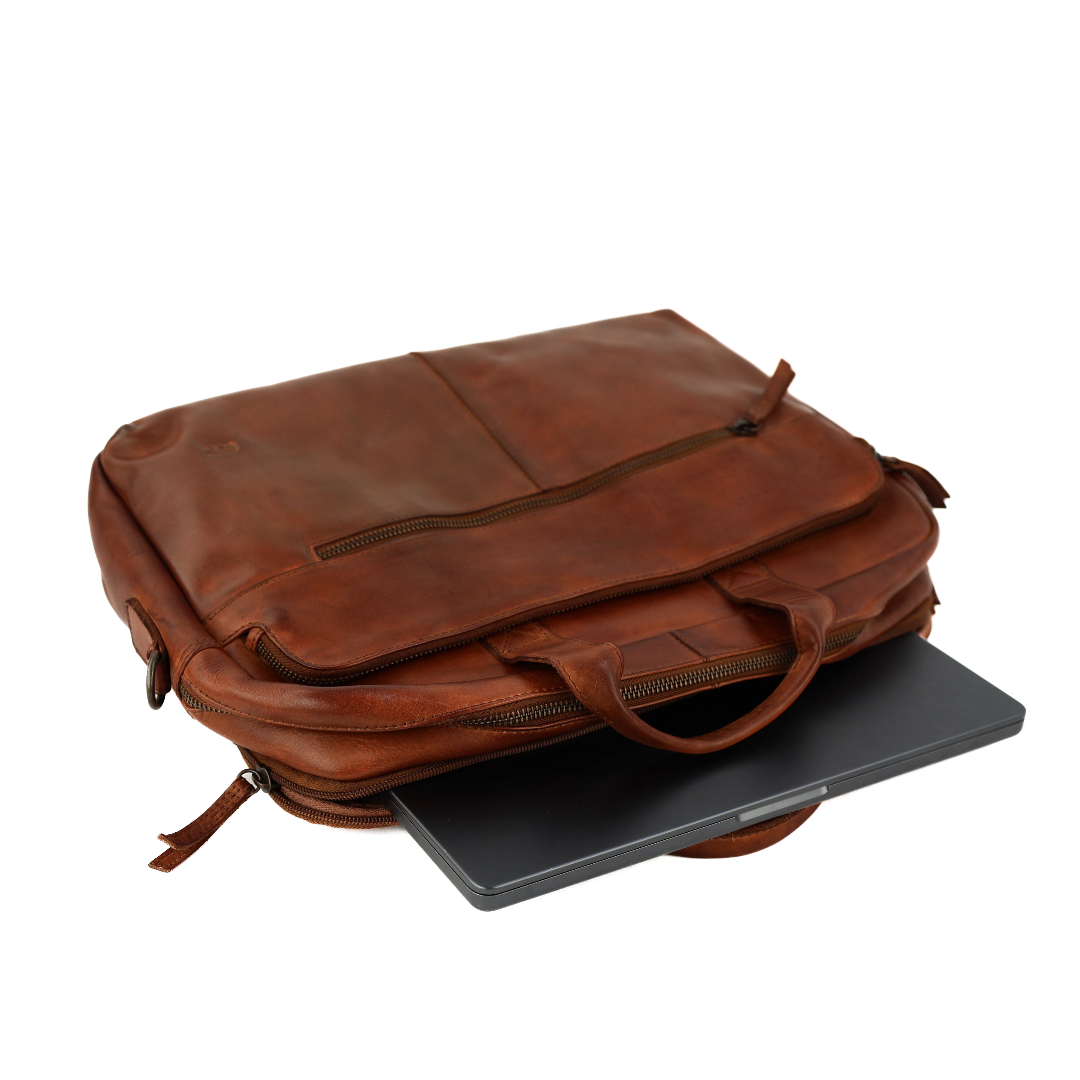Laptop bag 15.6" with double zipper 'Jamie' cognac