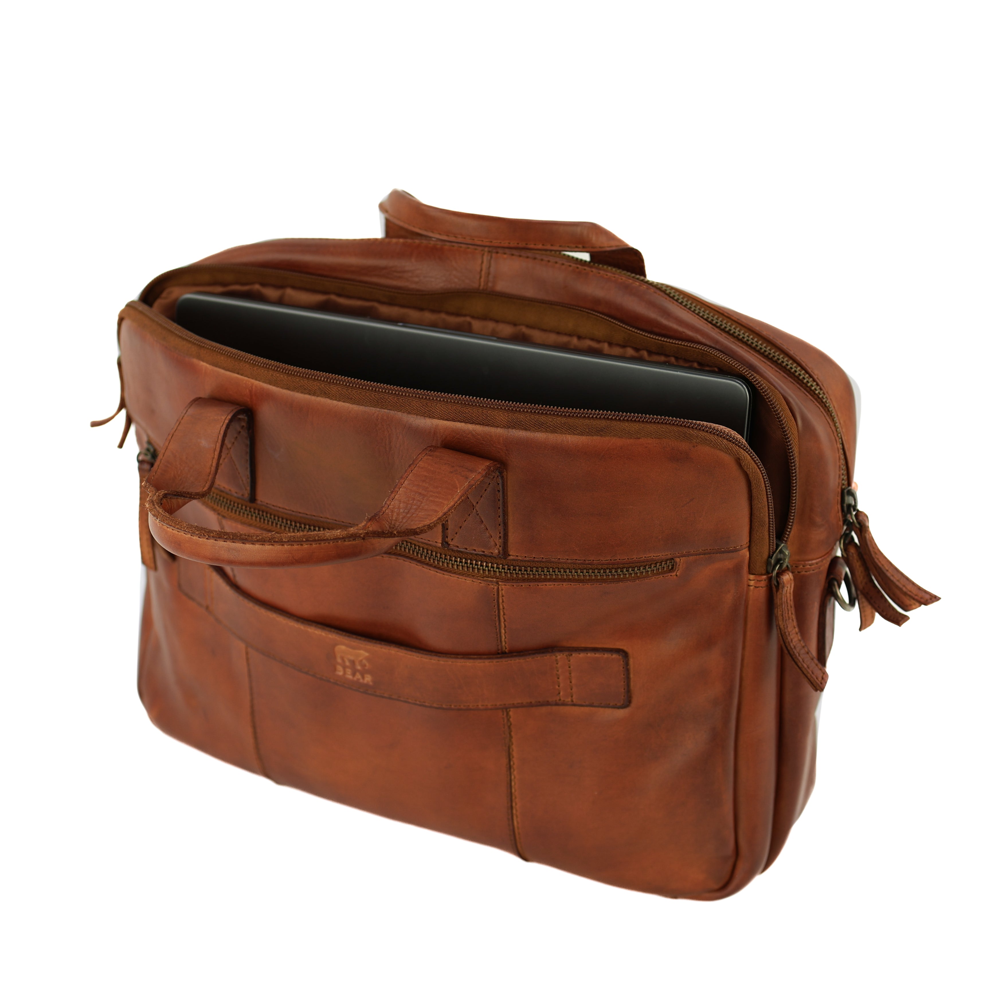 Laptop bag 15.6" with double zipper 'Jamie' cognac