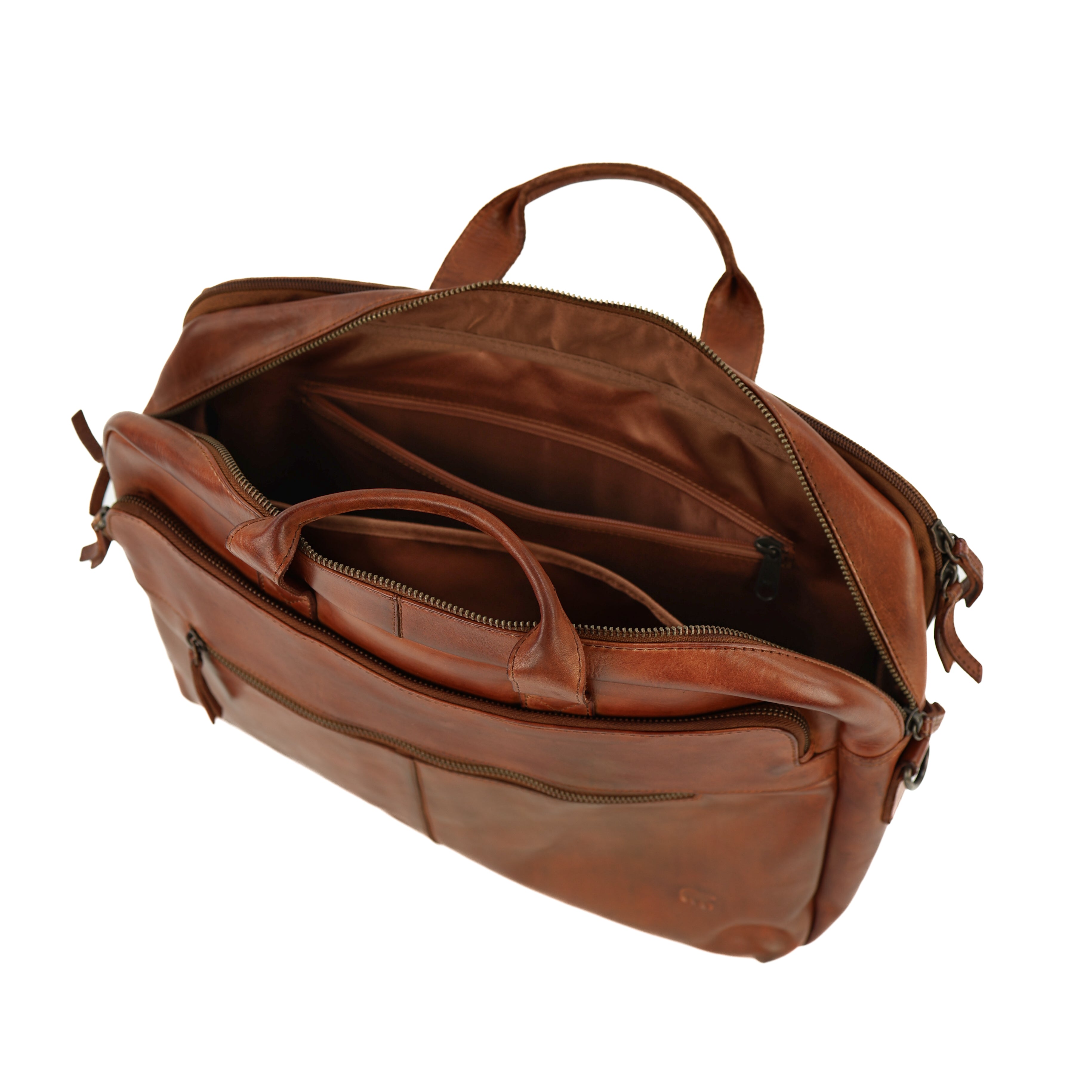 Laptop bag 15.6" with double zipper 'Jamie' cognac