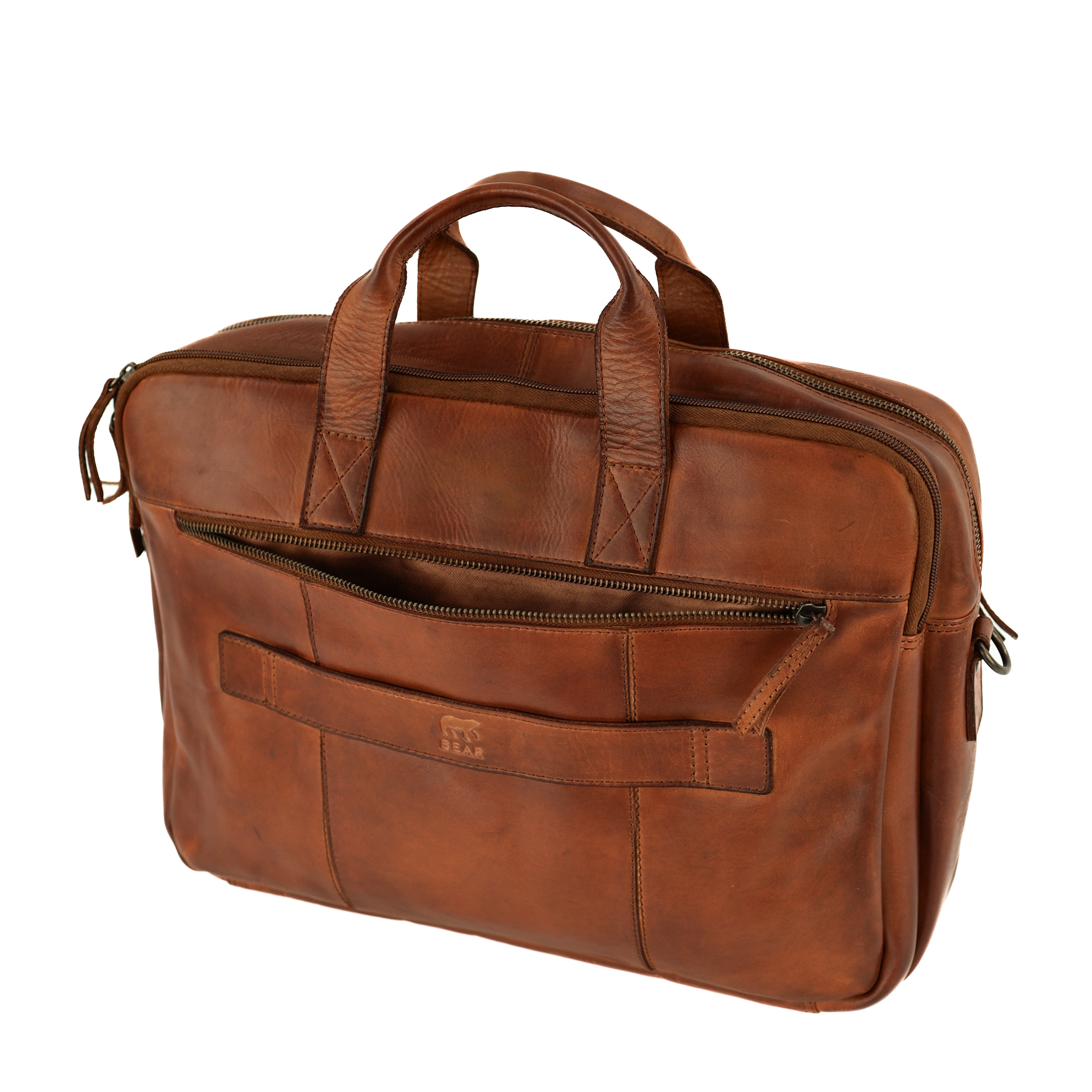 Laptop bag 15.6" with double zipper 'Jamie' cognac