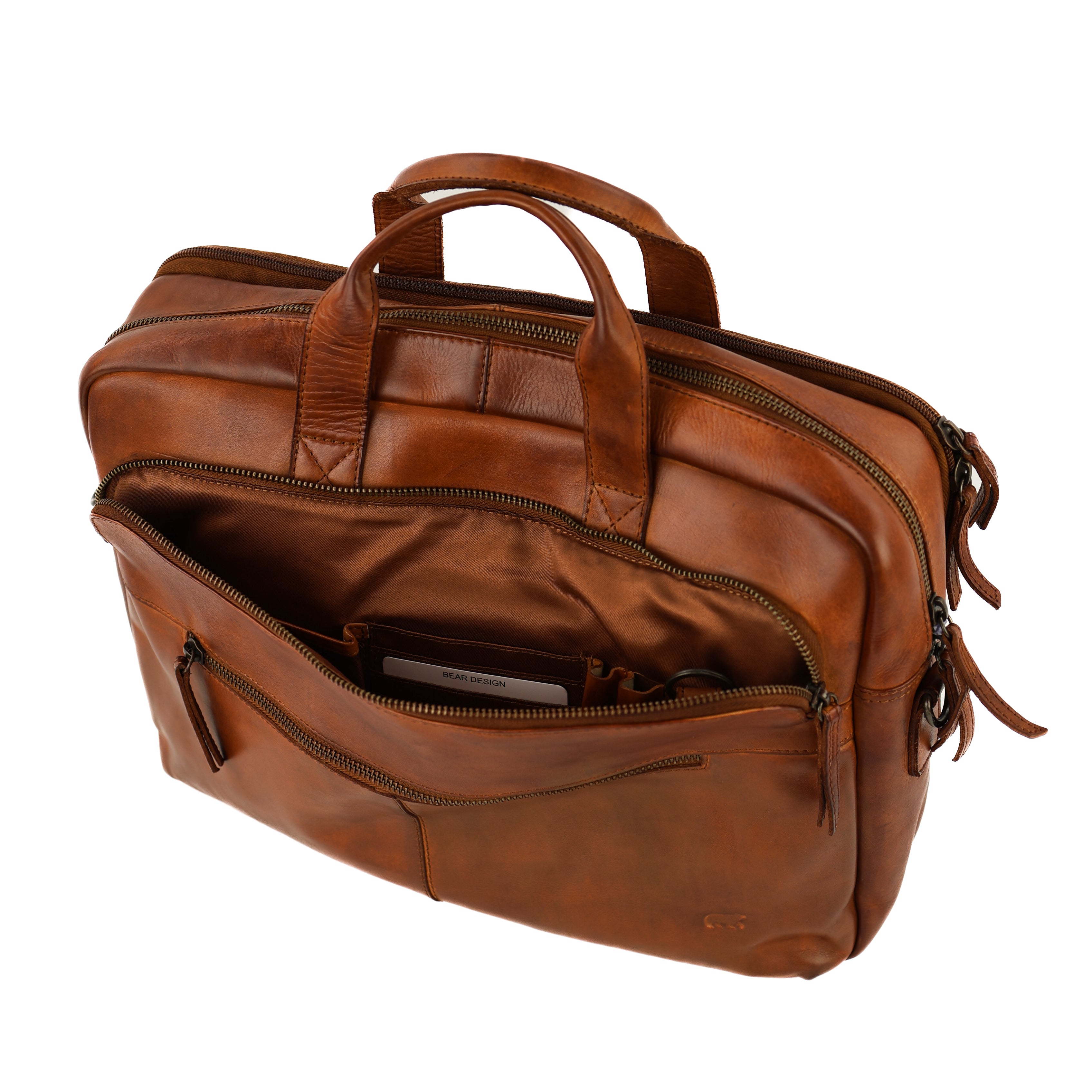 Laptop bag 15.6" with double zipper 'Jamie' cognac