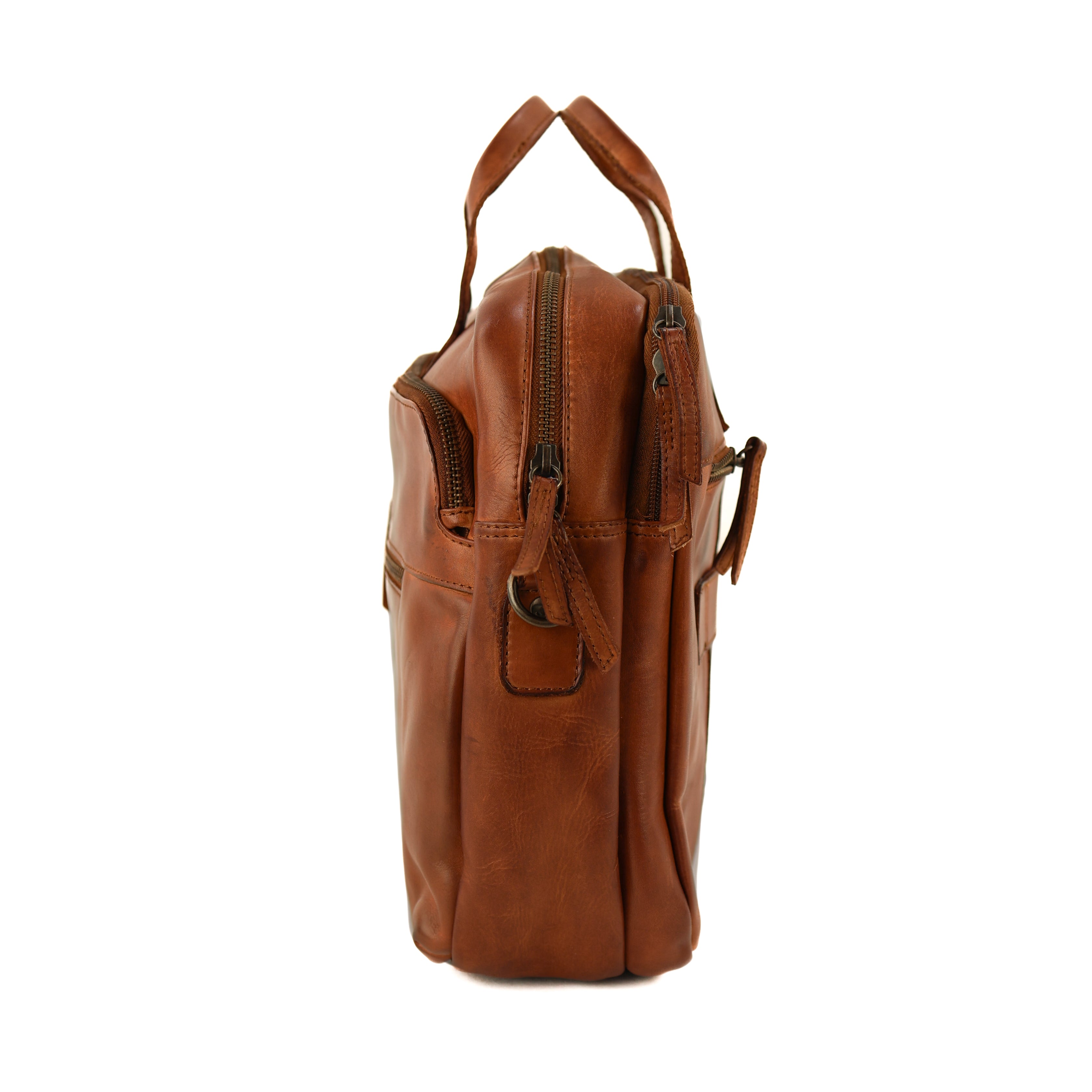 Laptop bag 15.6" with double zipper 'Jamie' cognac