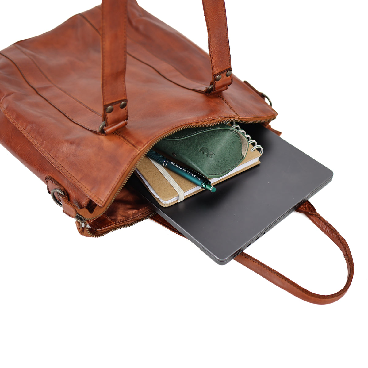 Hand-/schoudertas met laptopvak - 'Freya' cognac