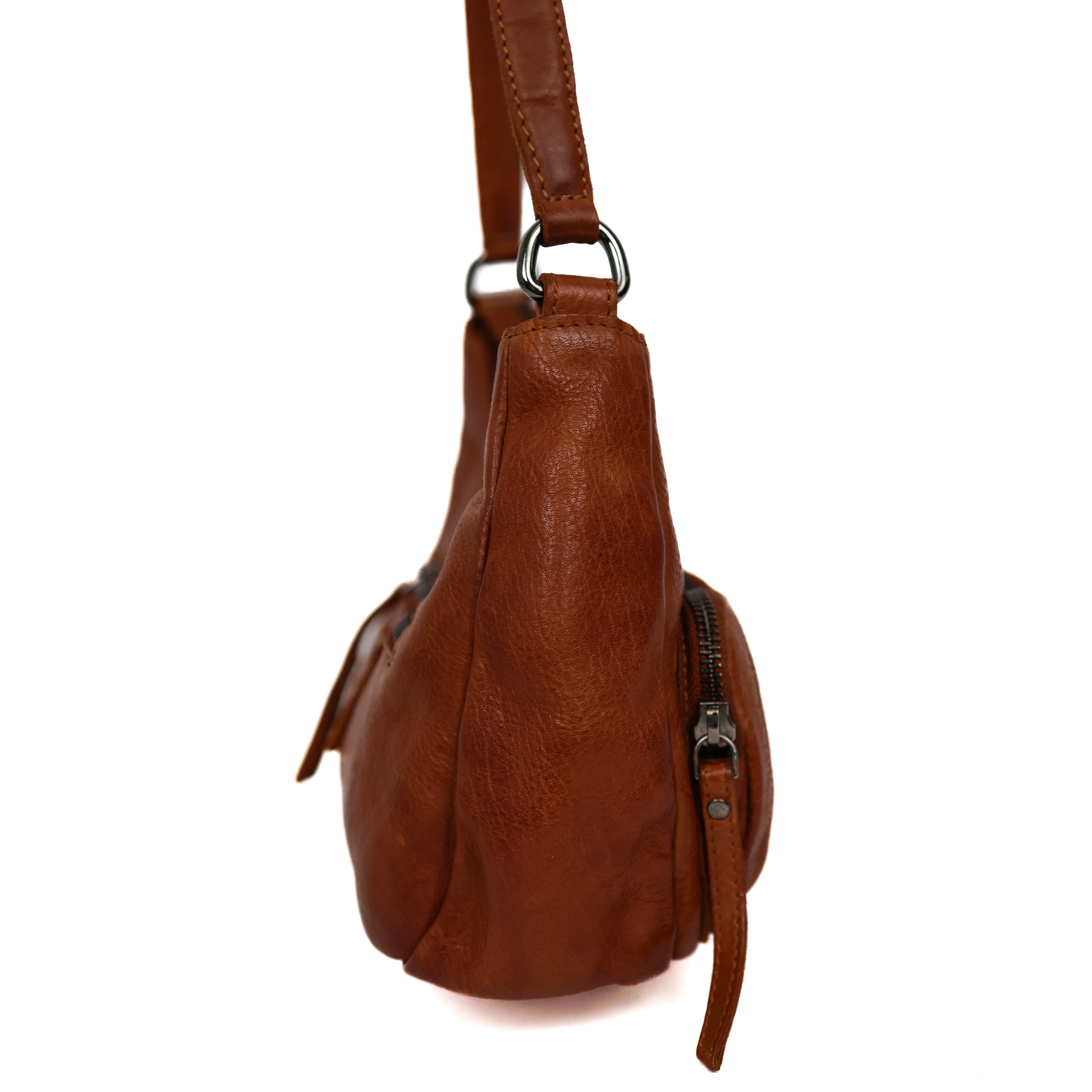Hand/shoulderbag with front pockets 'Nienke' cognac