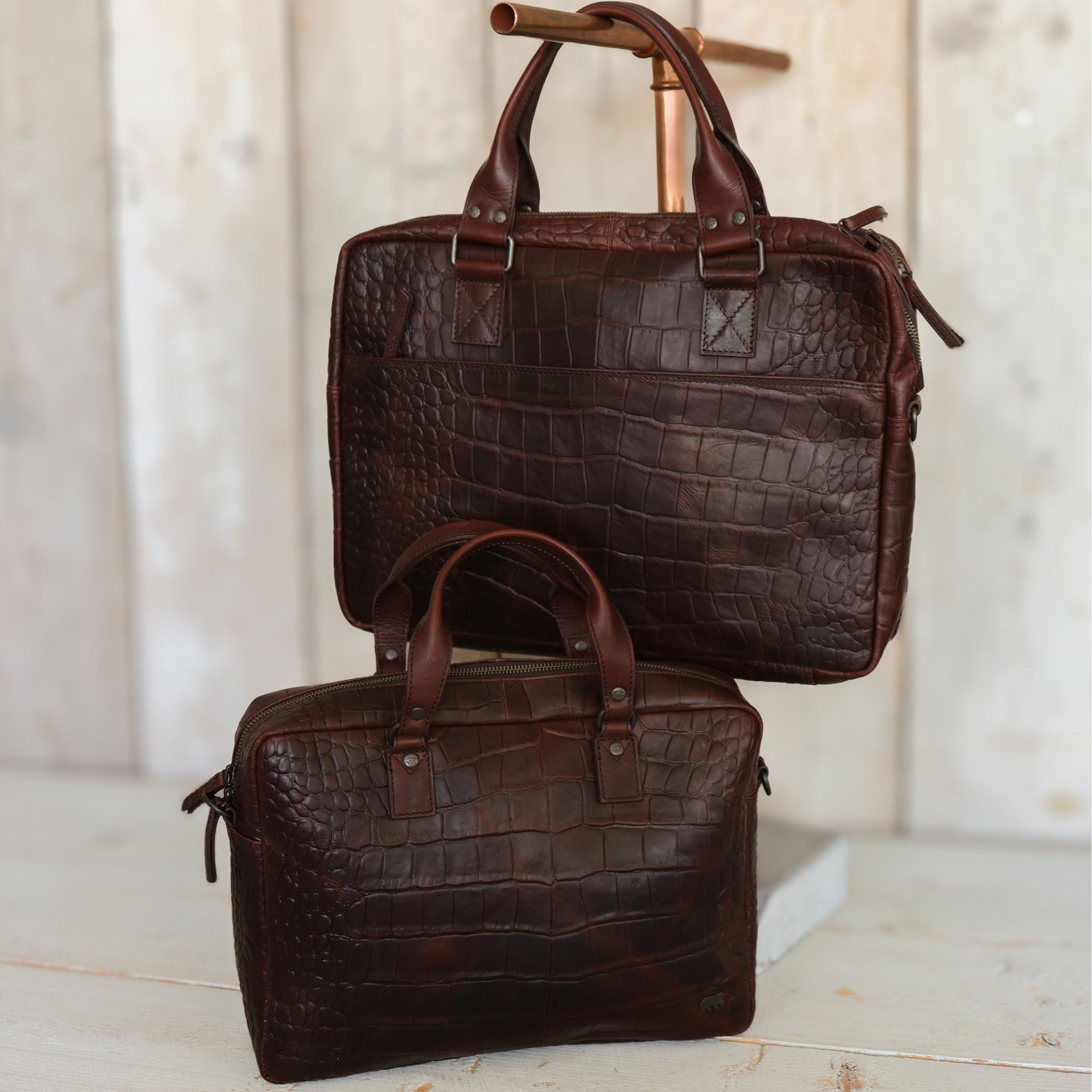 Croco laptop bag 14" 'Lina' dark brown