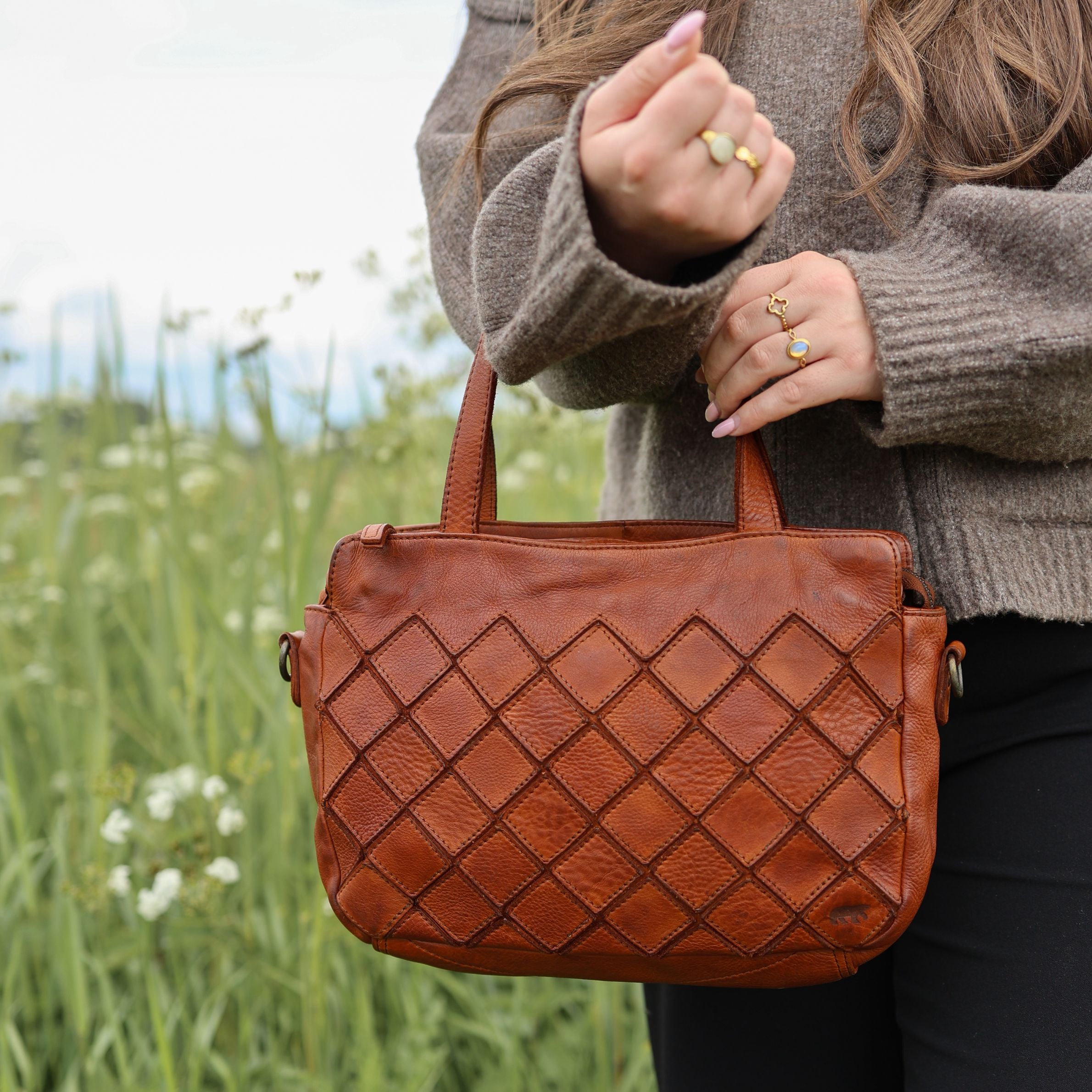 Patchwork hand-/schoudertasje 'Alice' cognac
