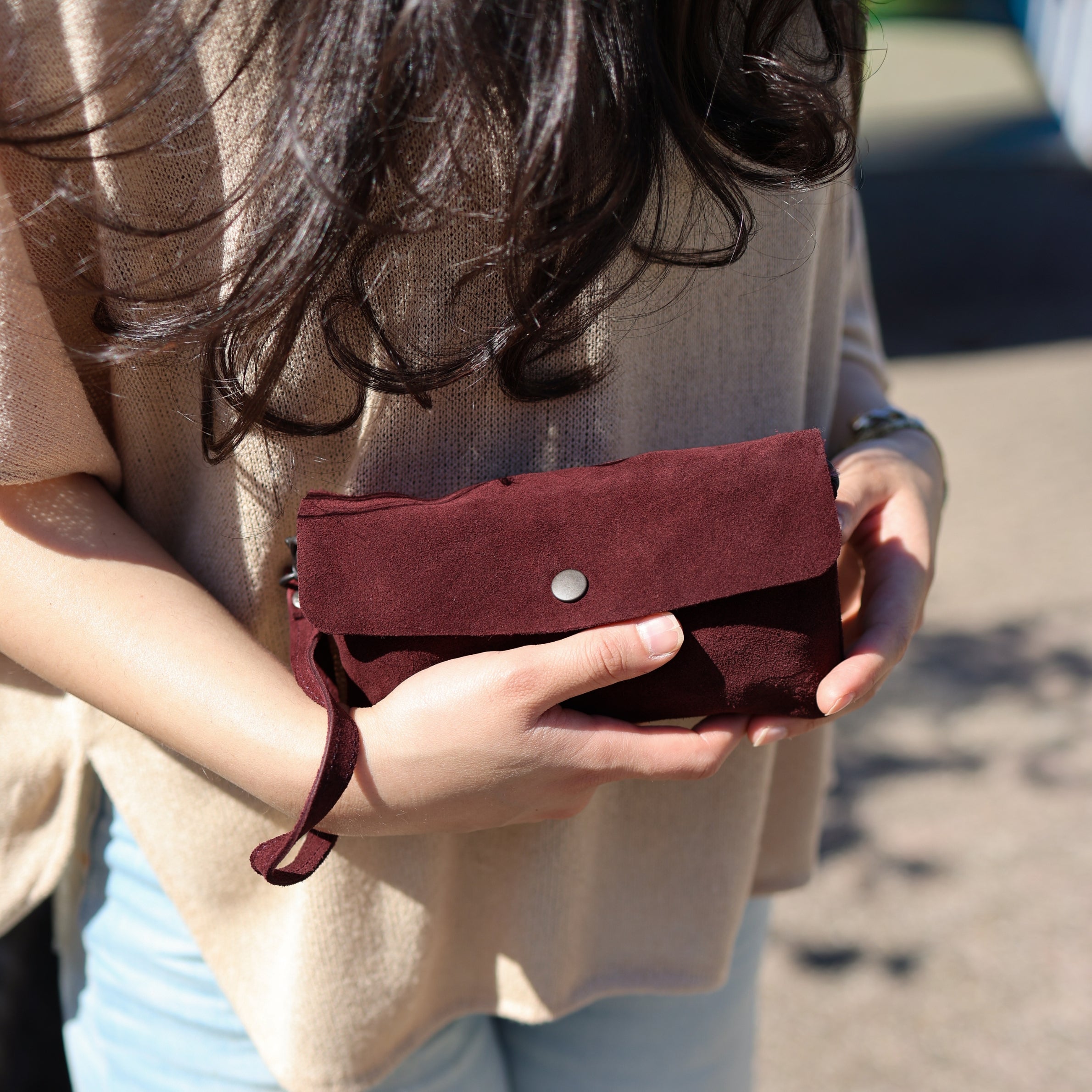 Suede clutch/mini shoulder bag 'Lydia' choco