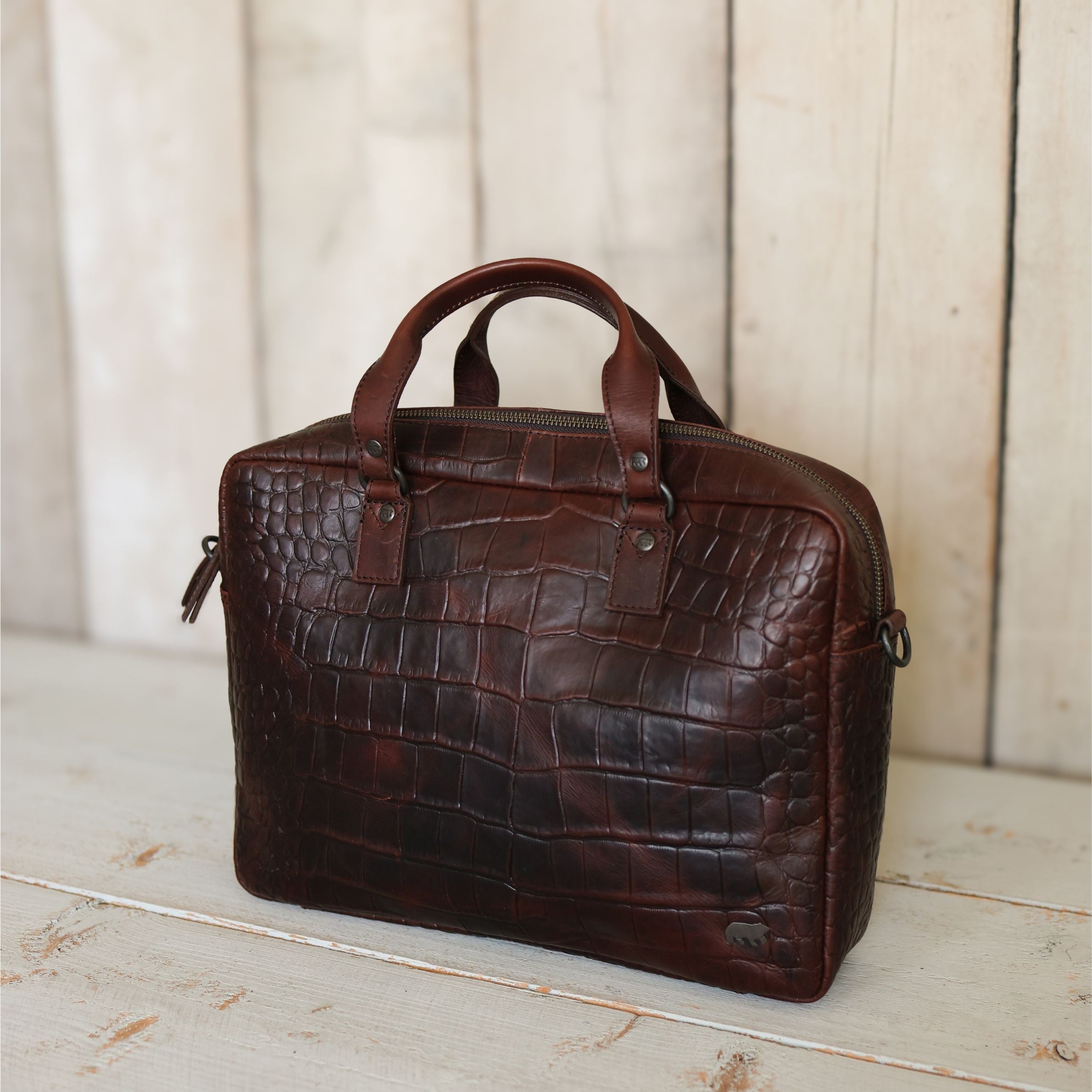 Croco laptop bag 14" 'Lina' dark brown