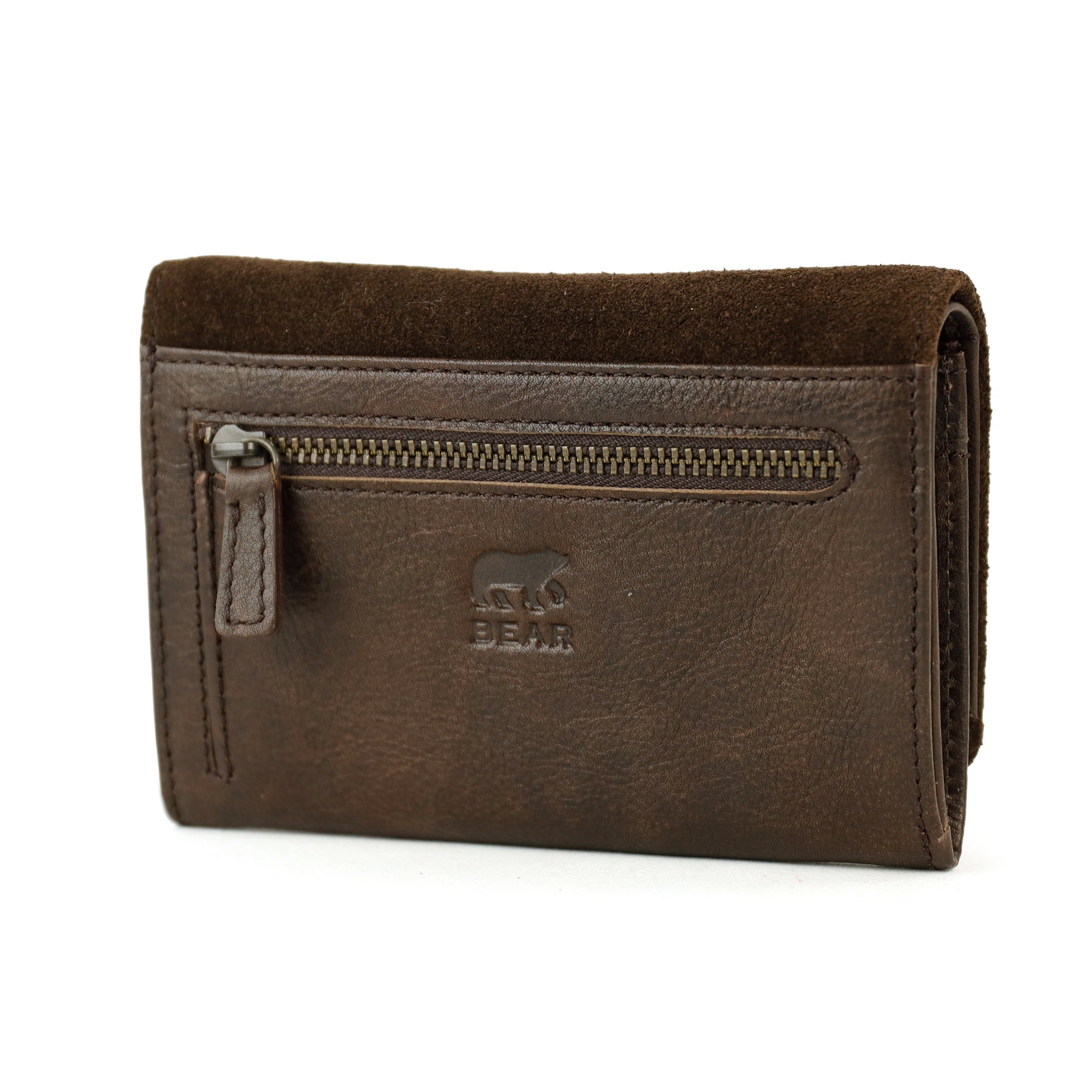 Suède overslag portemonnee 'Flappie' donkerbruin