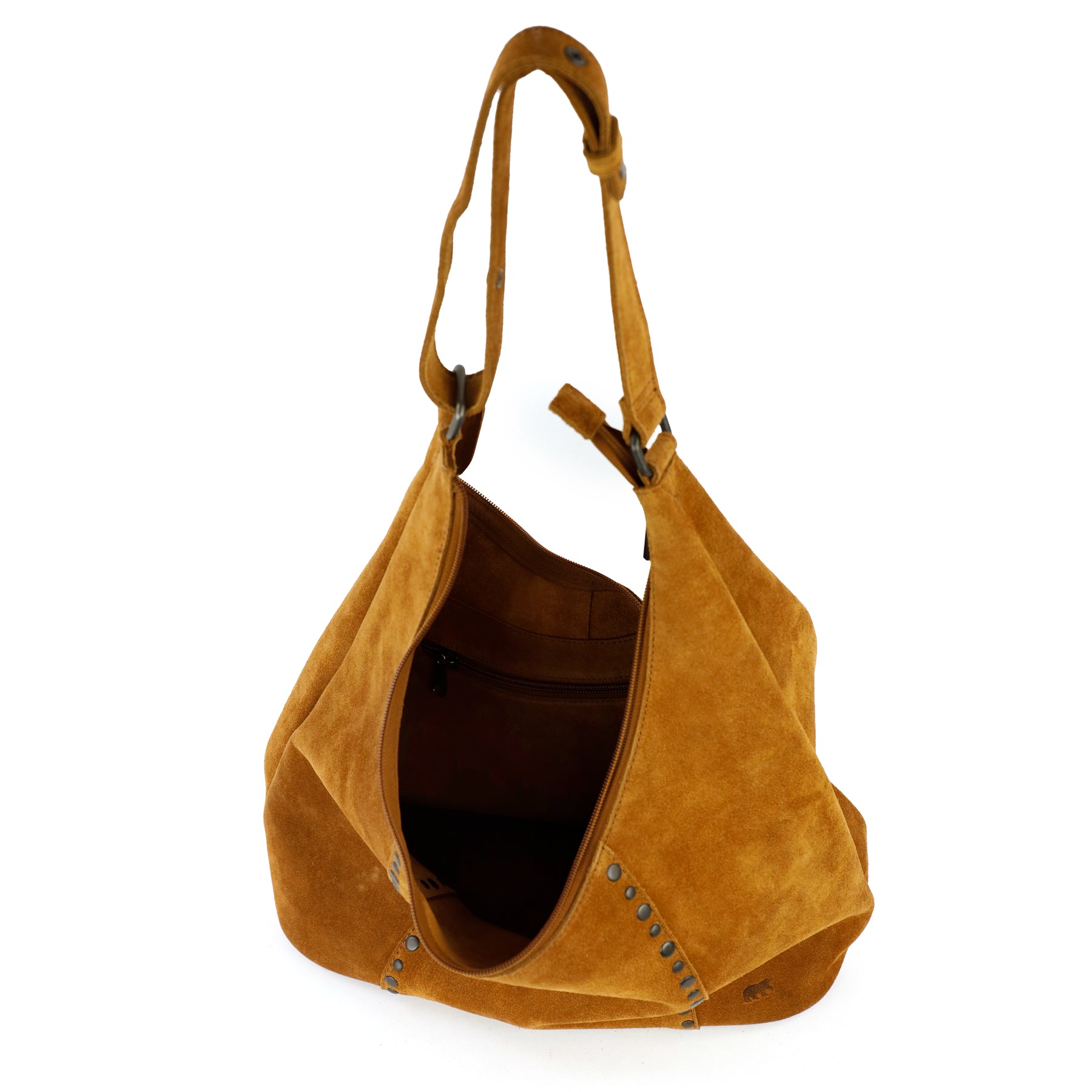 Suède buideltas met studs 'Cecilia' cognac