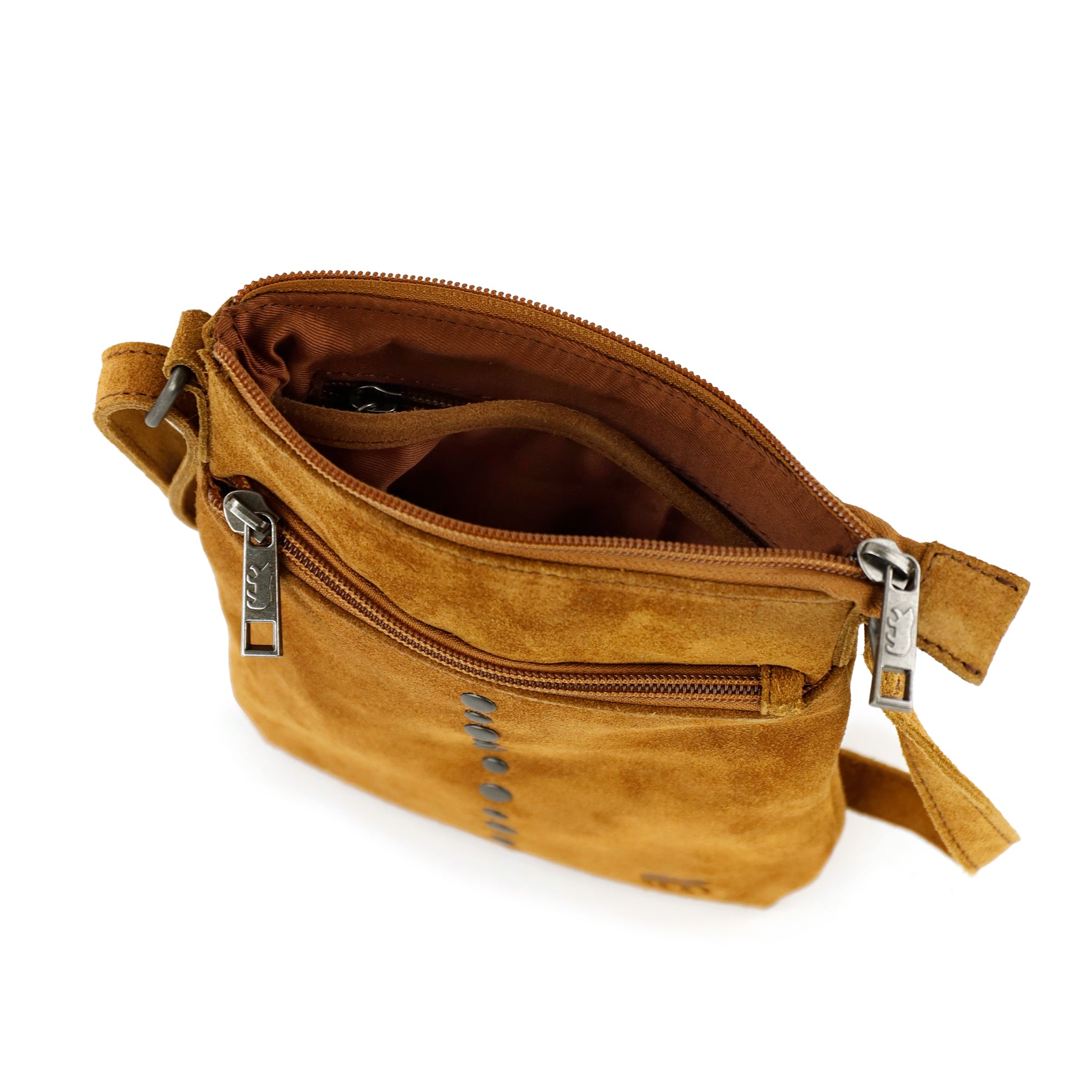 Suede shoulder bag with studs 'Clara' cognac