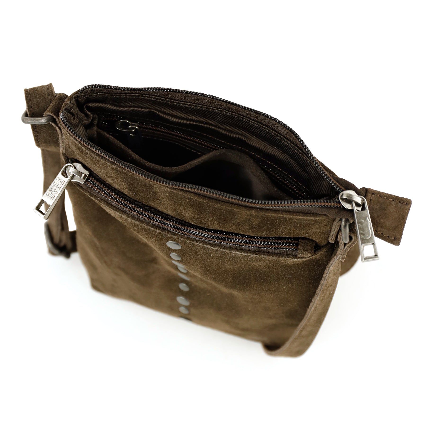 Suede shoulder bag with studs 'Clara' dark brown