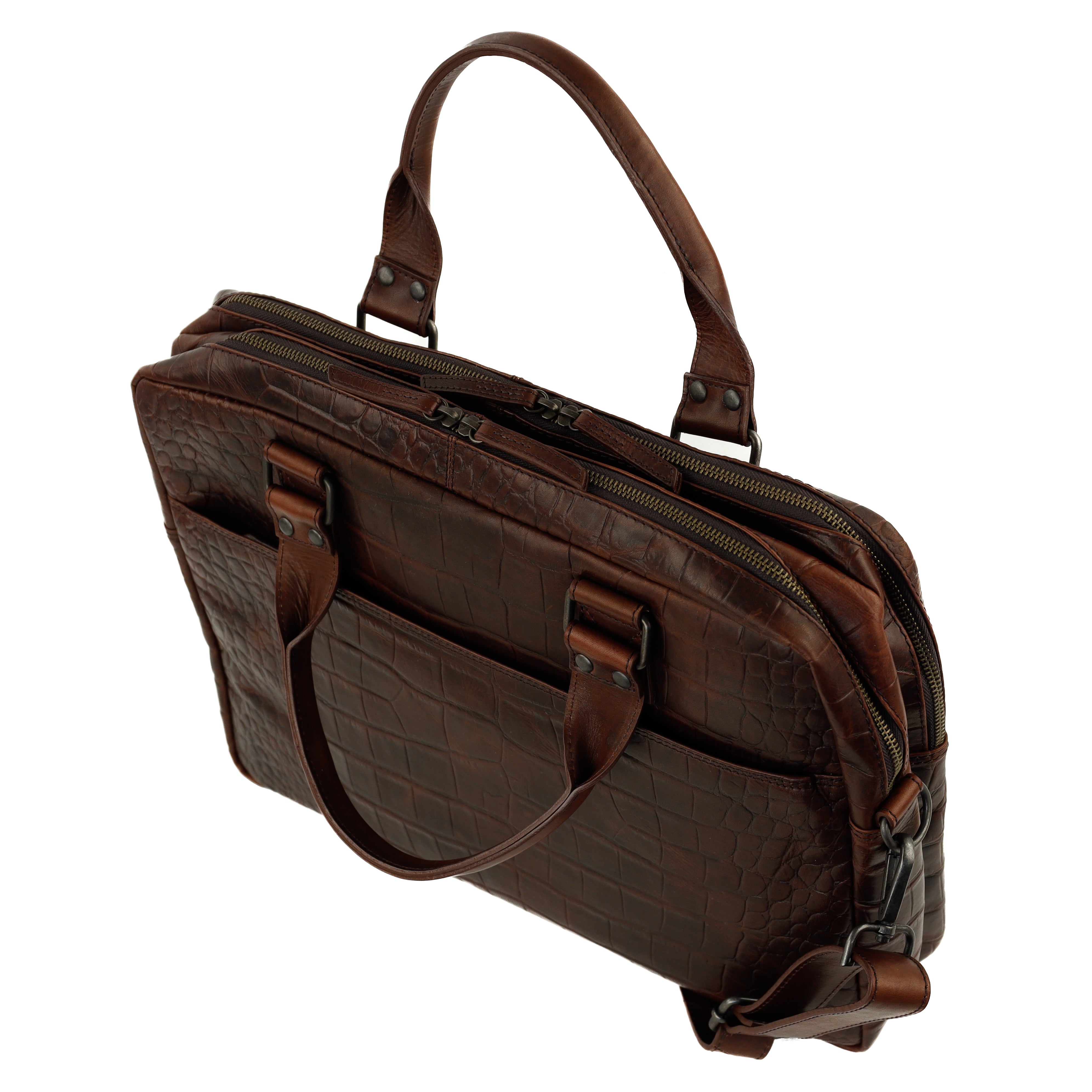 Croco laptop bag 15.6" 'Victoria' dark brown