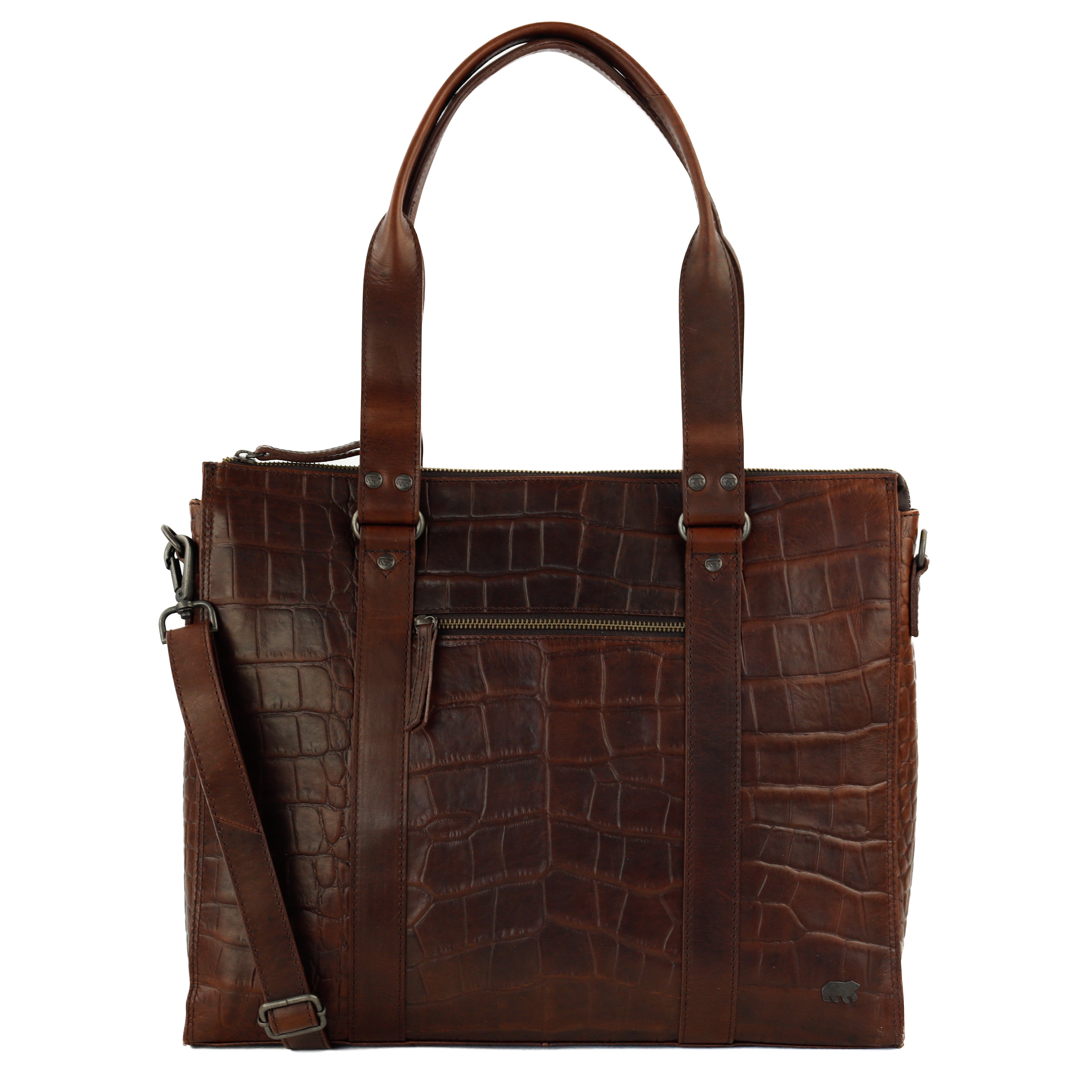 Croco hand-/schoudertas met laptopvak 15.6” 'Aurelia' donkerbruin