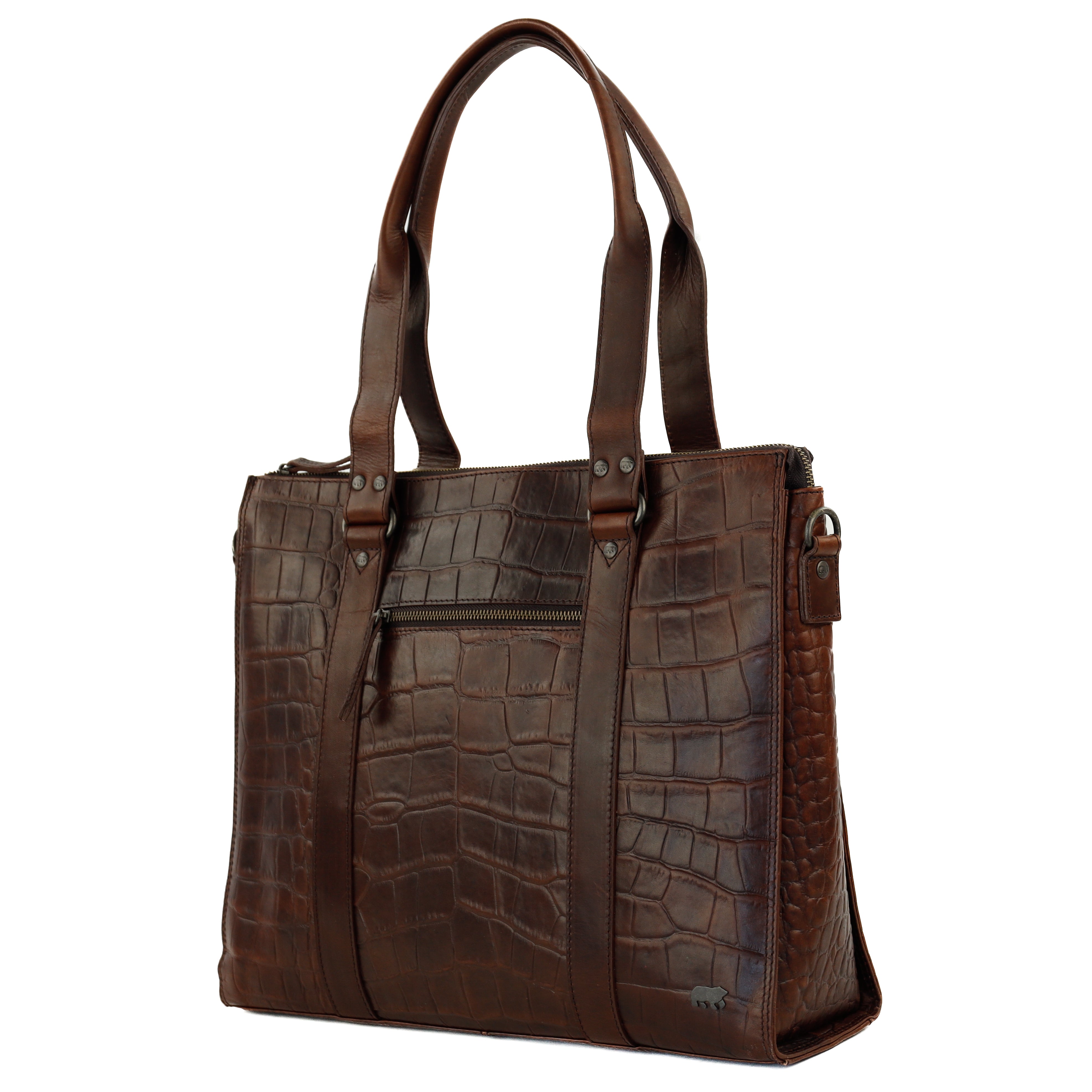 Croco hand/shoulder bag with laptop compartment 15.6" 'Aurelia' dark brown