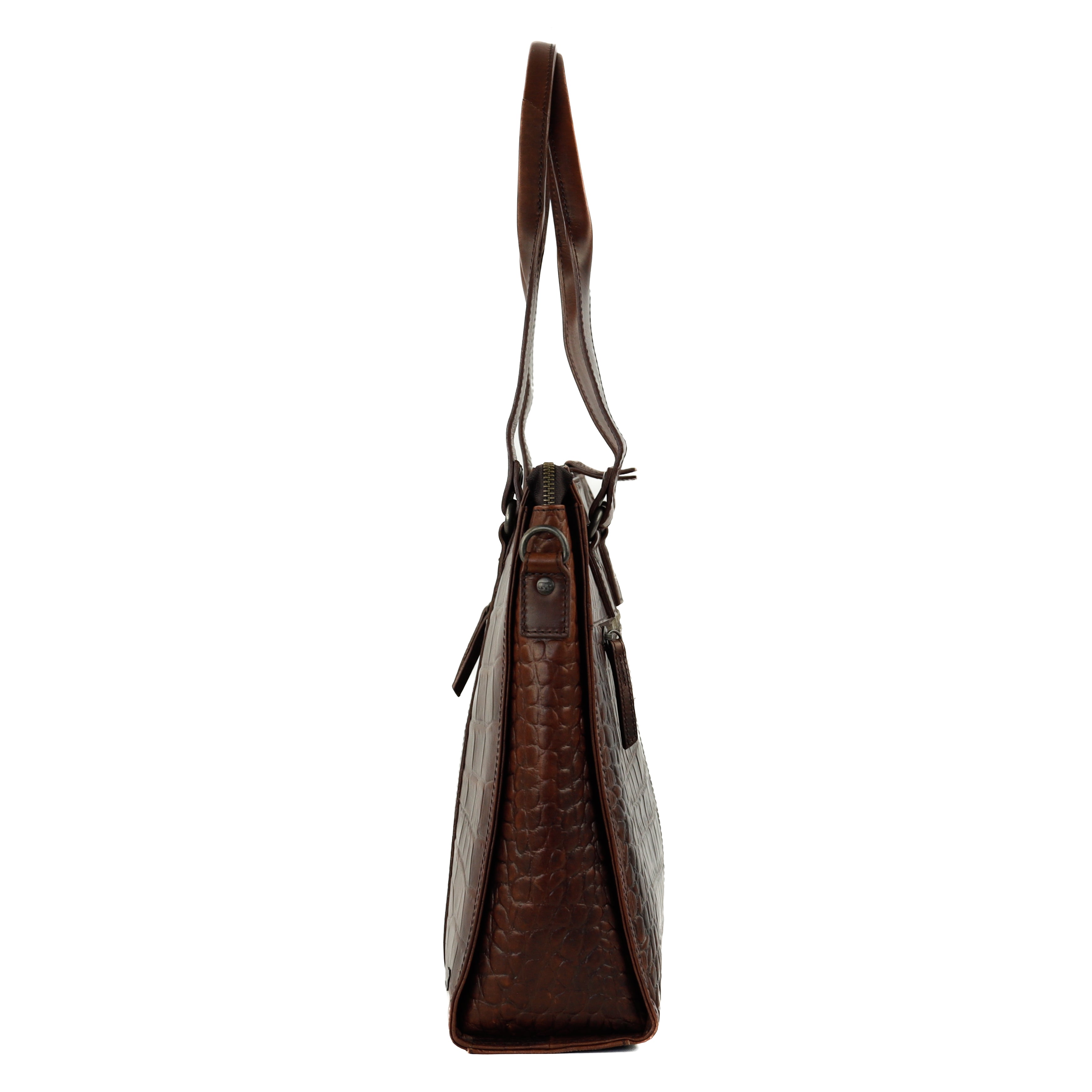 Croco hand/shoulder bag with laptop compartment 15.6" 'Aurelia' dark brown
