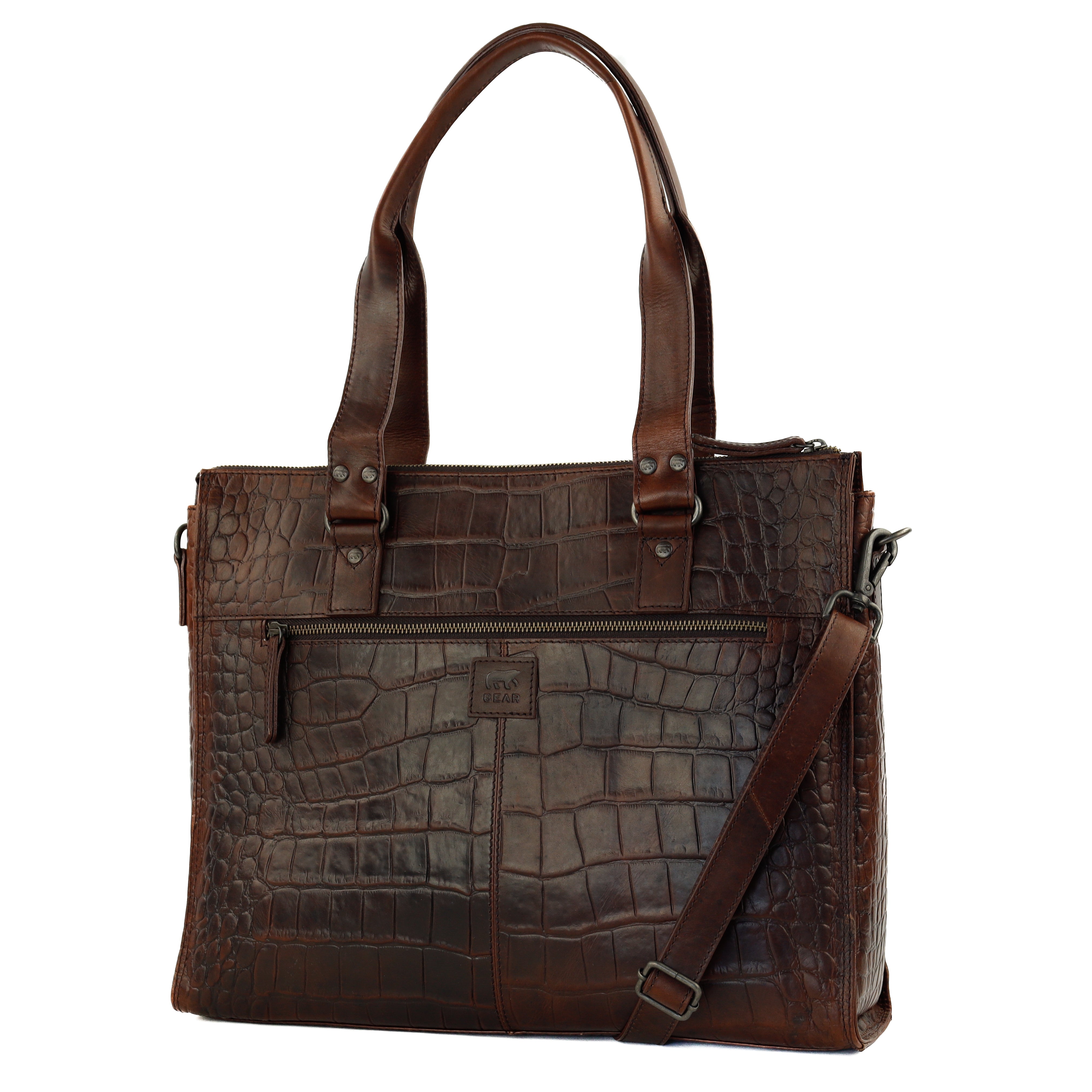 Croco hand/shoulder bag with laptop compartment 15.6" 'Aurelia' dark brown