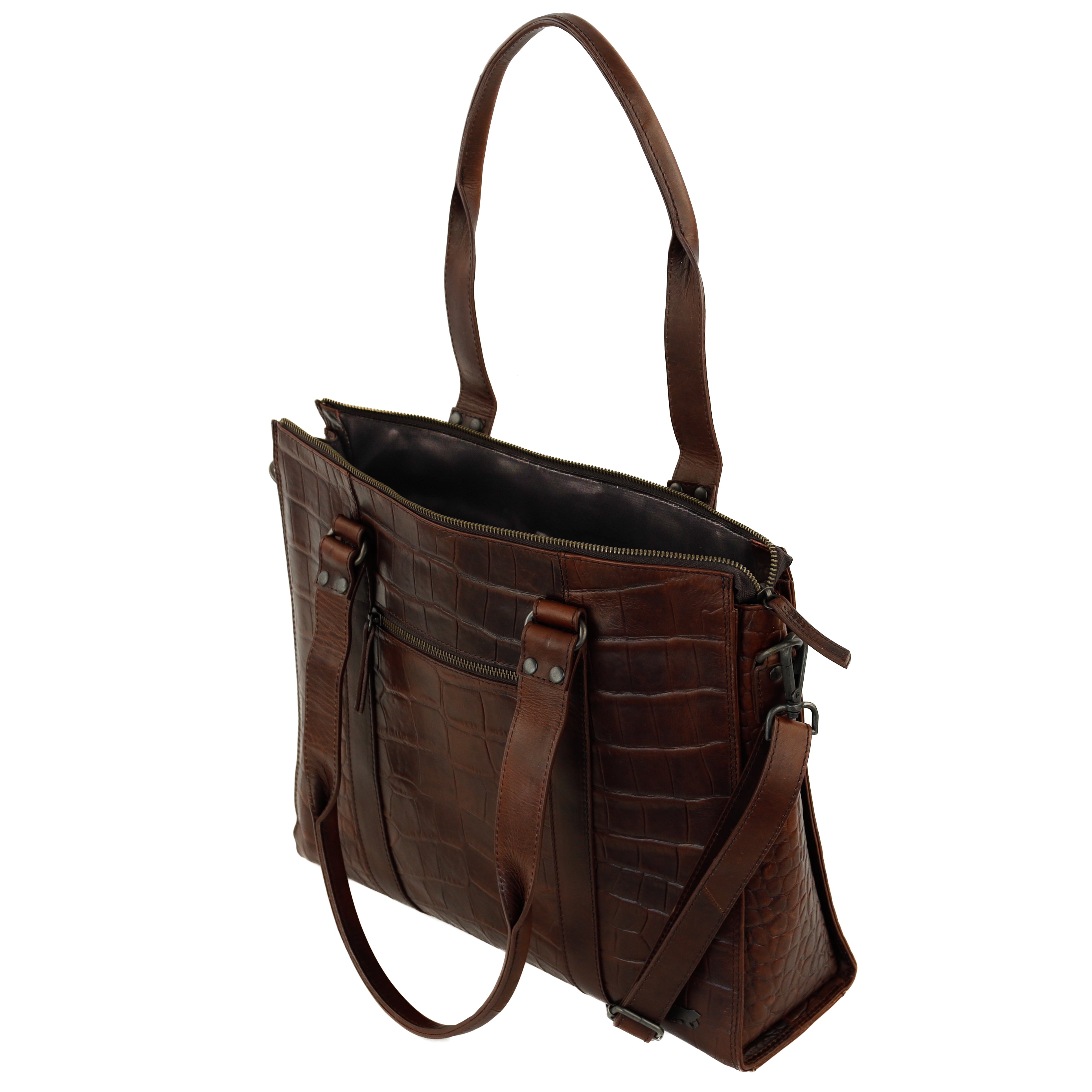 Croco hand/shoulder bag with laptop compartment 15.6" 'Aurelia' dark brown