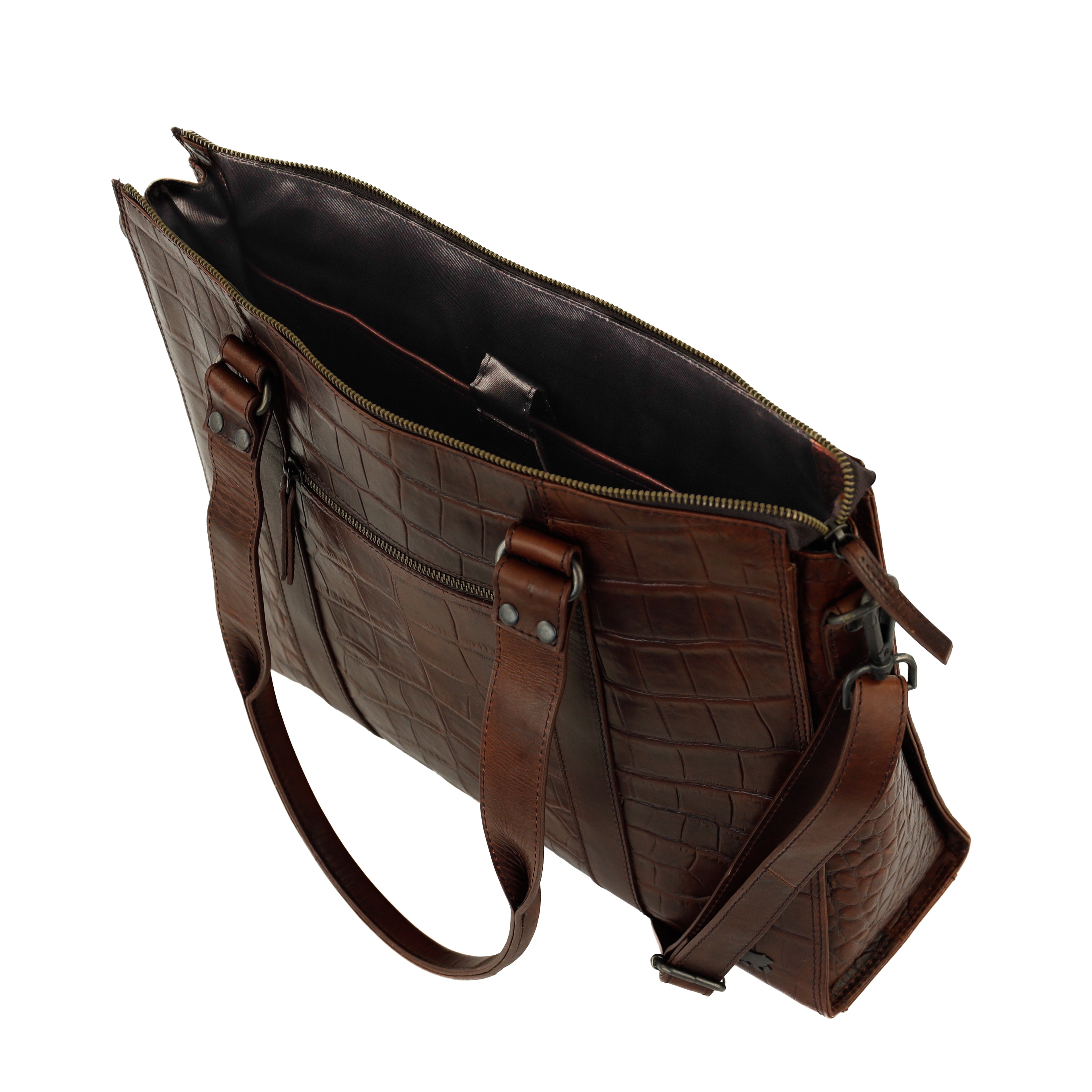 Croco hand/shoulder bag with laptop compartment 15.6" 'Aurelia' dark brown